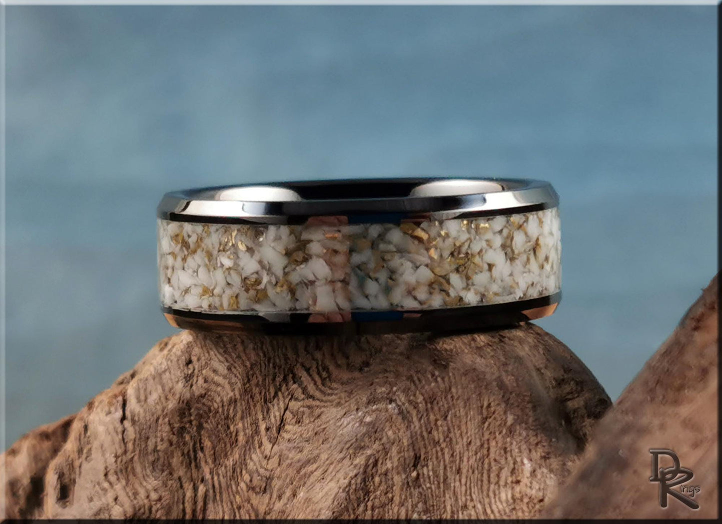 Black Ceramic Ring w/White and Gold TruStone inlay - ceramic ring