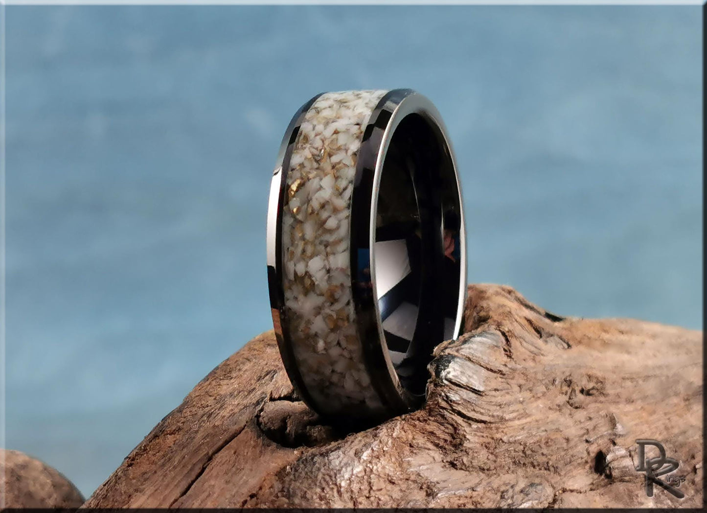 Black Ceramic Ring w/White and Gold TruStone inlay - ceramic ring
