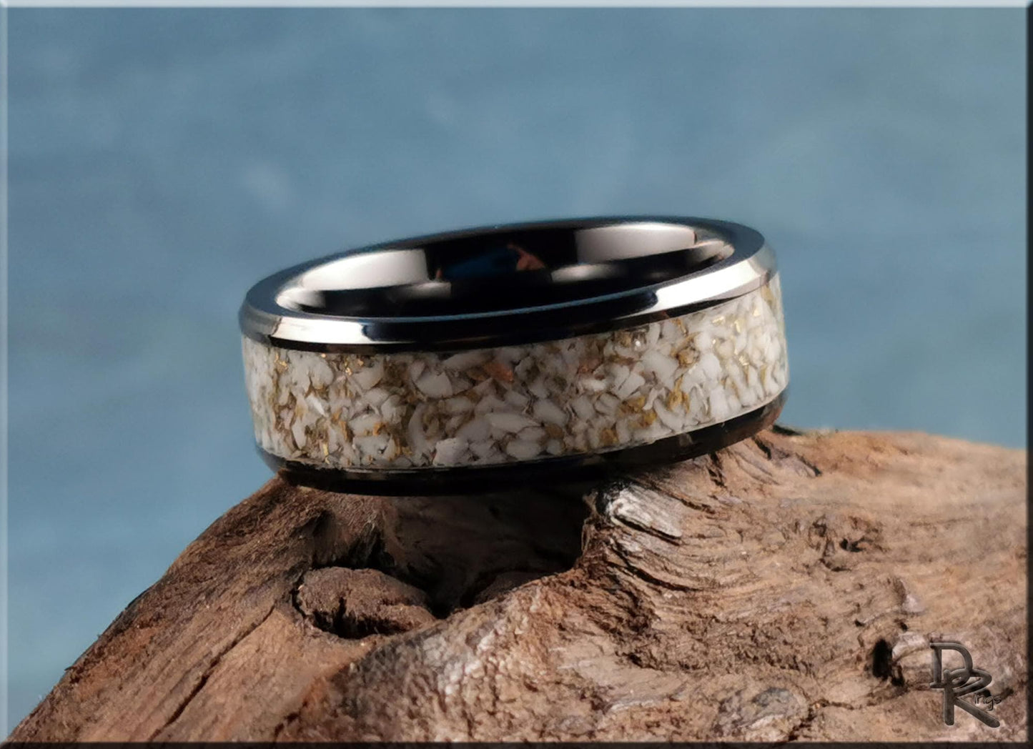 Black Ceramic Ring w/White and Gold TruStone inlay - ceramic ring
