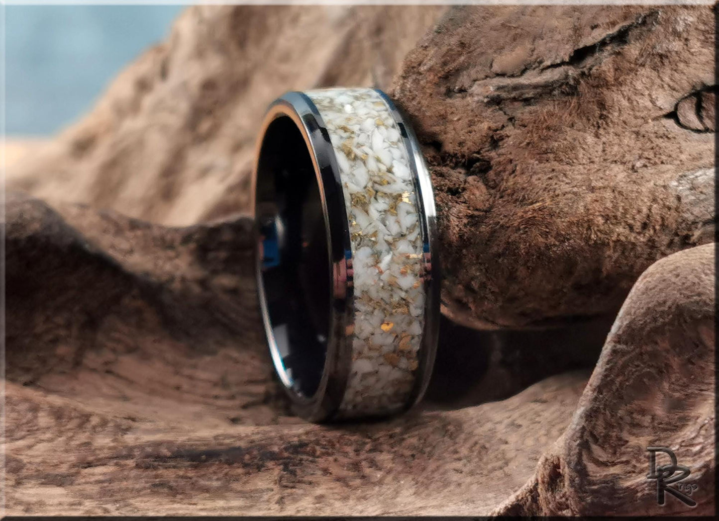 Black Ceramic Ring w/White and Gold TruStone inlay - ceramic ring