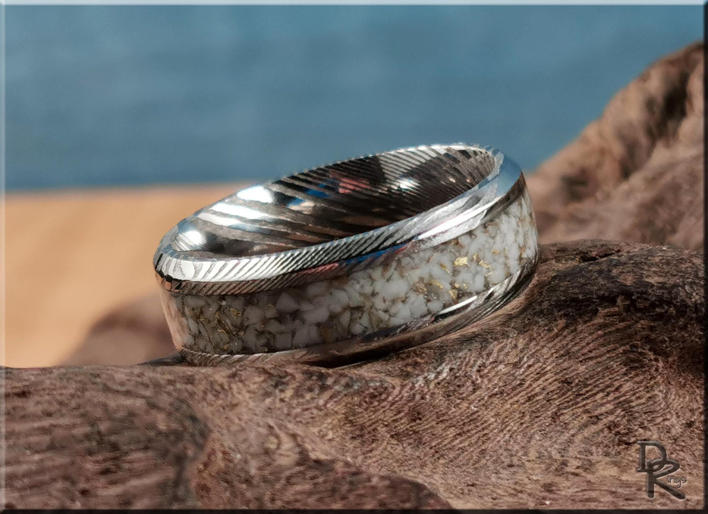 Damascus Steel Ring w/White and Gold TruStone inlay - metal ring