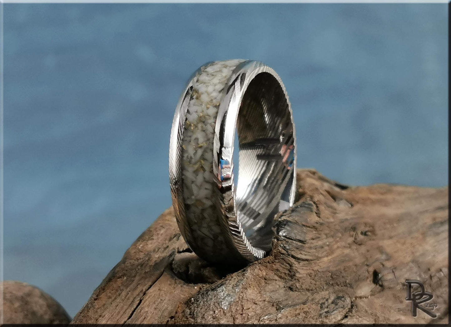 Damascus Steel Ring w/White and Gold TruStone inlay - metal ring