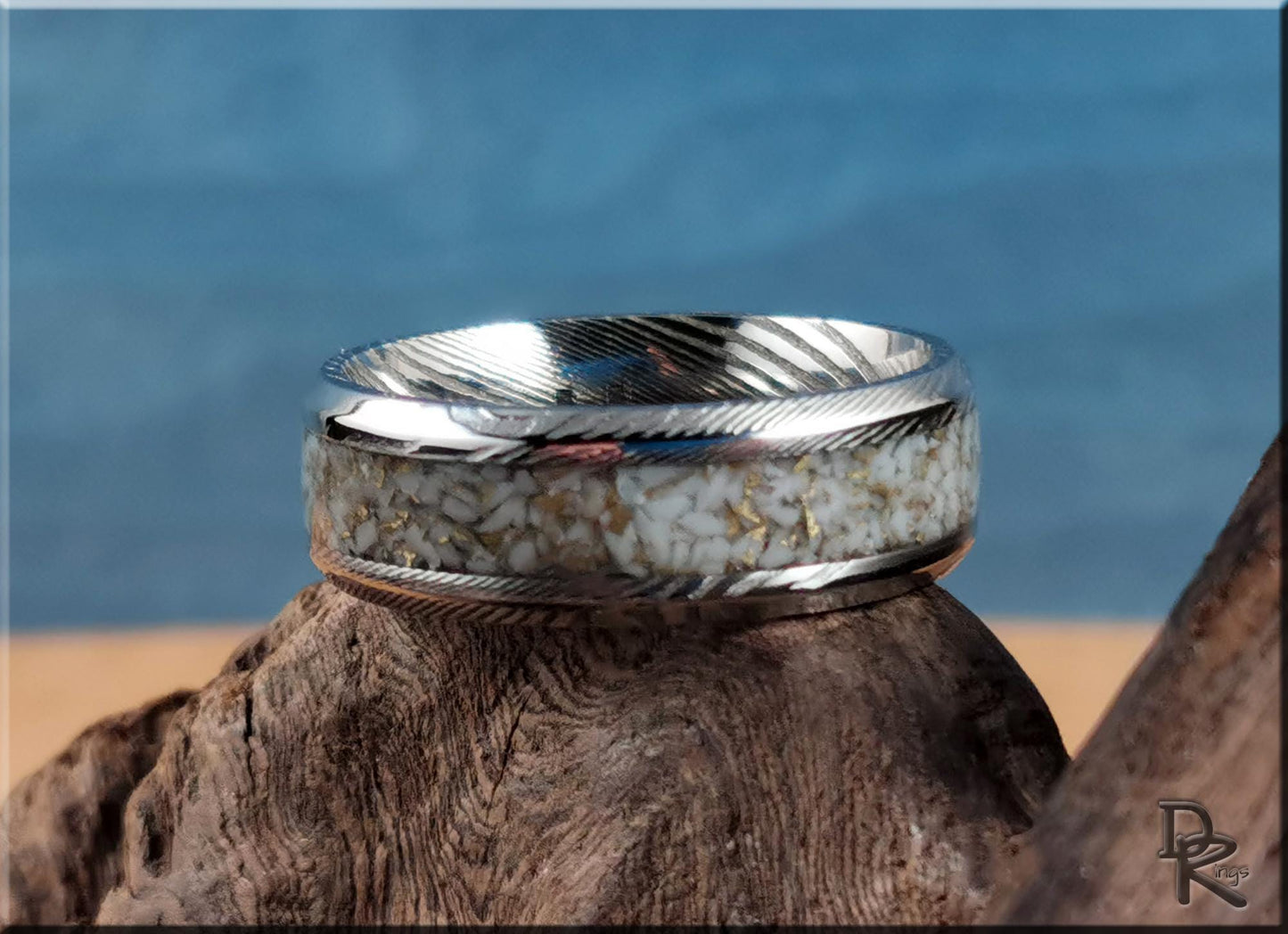 Damascus Steel Ring w/White and Gold TruStone inlay - metal ring