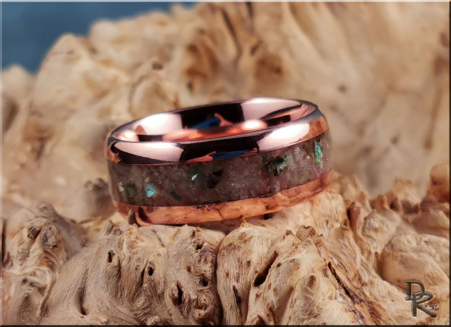 Tellurium 8mm Channel Ring w/Blended Muscovite and Abalone Shell inlay - copper ring