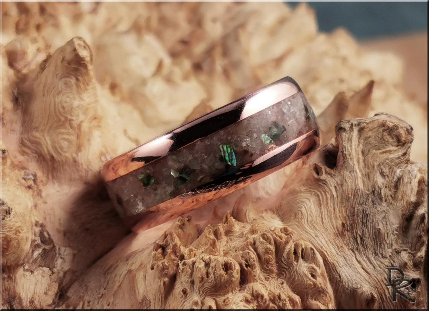 Tellurium 8mm Channel Ring w/Blended Muscovite and Abalone Shell inlay - copper ring