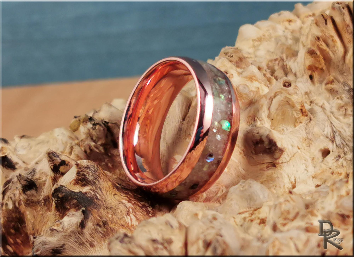Tellurium 8mm Channel Ring w/Blended Muscovite and Abalone Shell inlay - copper ring