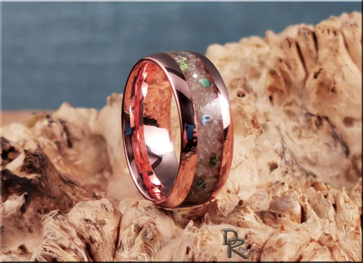 Tellurium Copper Channel Ring w/Blended Muscovite and Abalone Shell inlay - copper ring