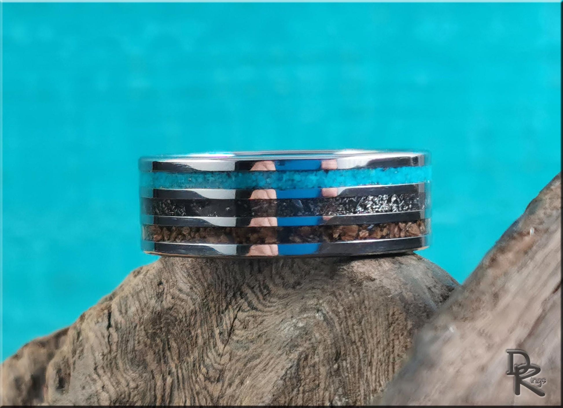 Tungsten Carbide 8mm Triple-Channel Ring with Meteorite, Bisbee Turquoise, and T-Rex bone inlays - metal ring