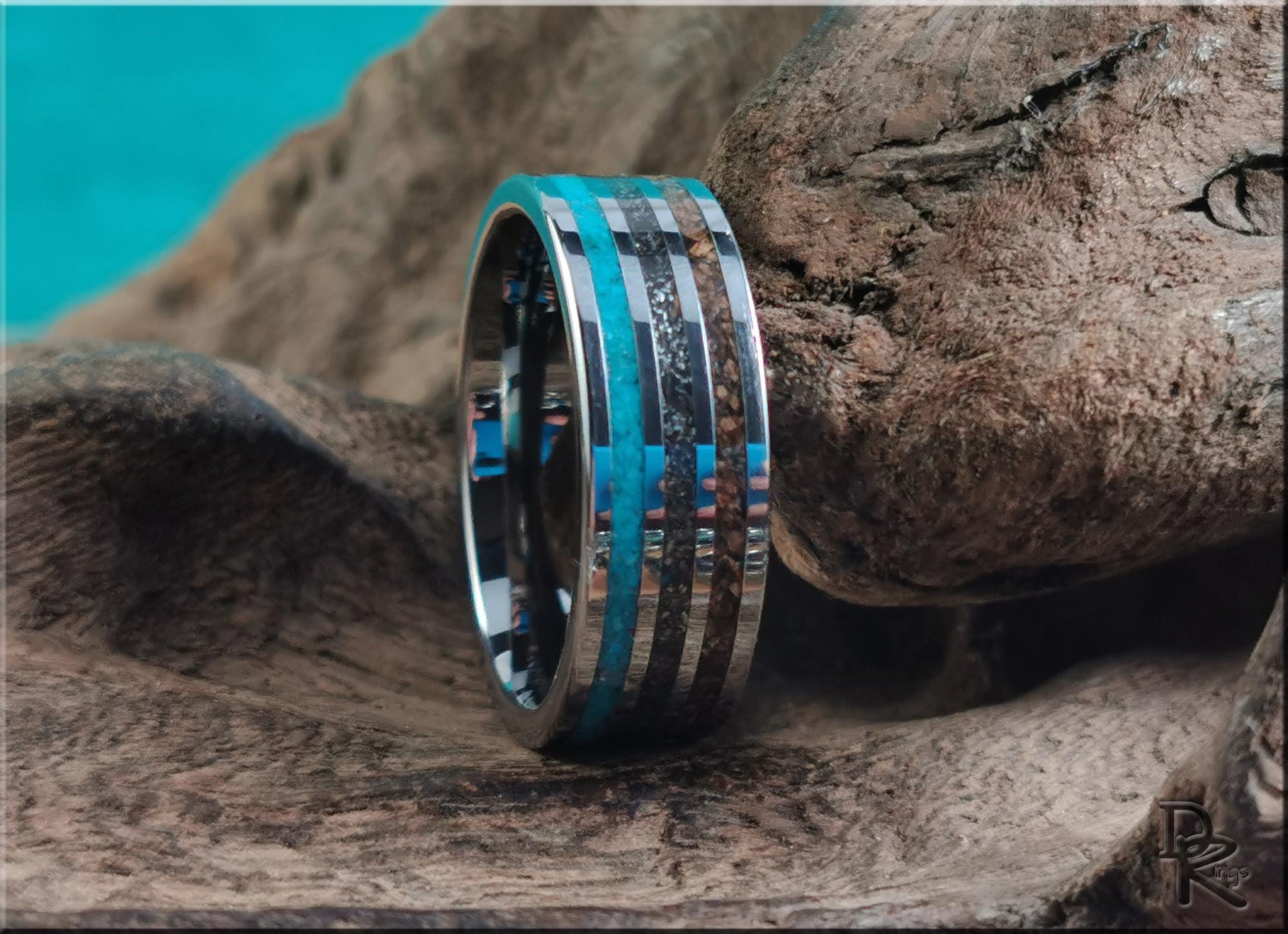 Tungsten Carbide 8mm Triple-Channel Ring with Meteorite, Bisbee Turquoise, and T-Rex bone inlays - metal ring
