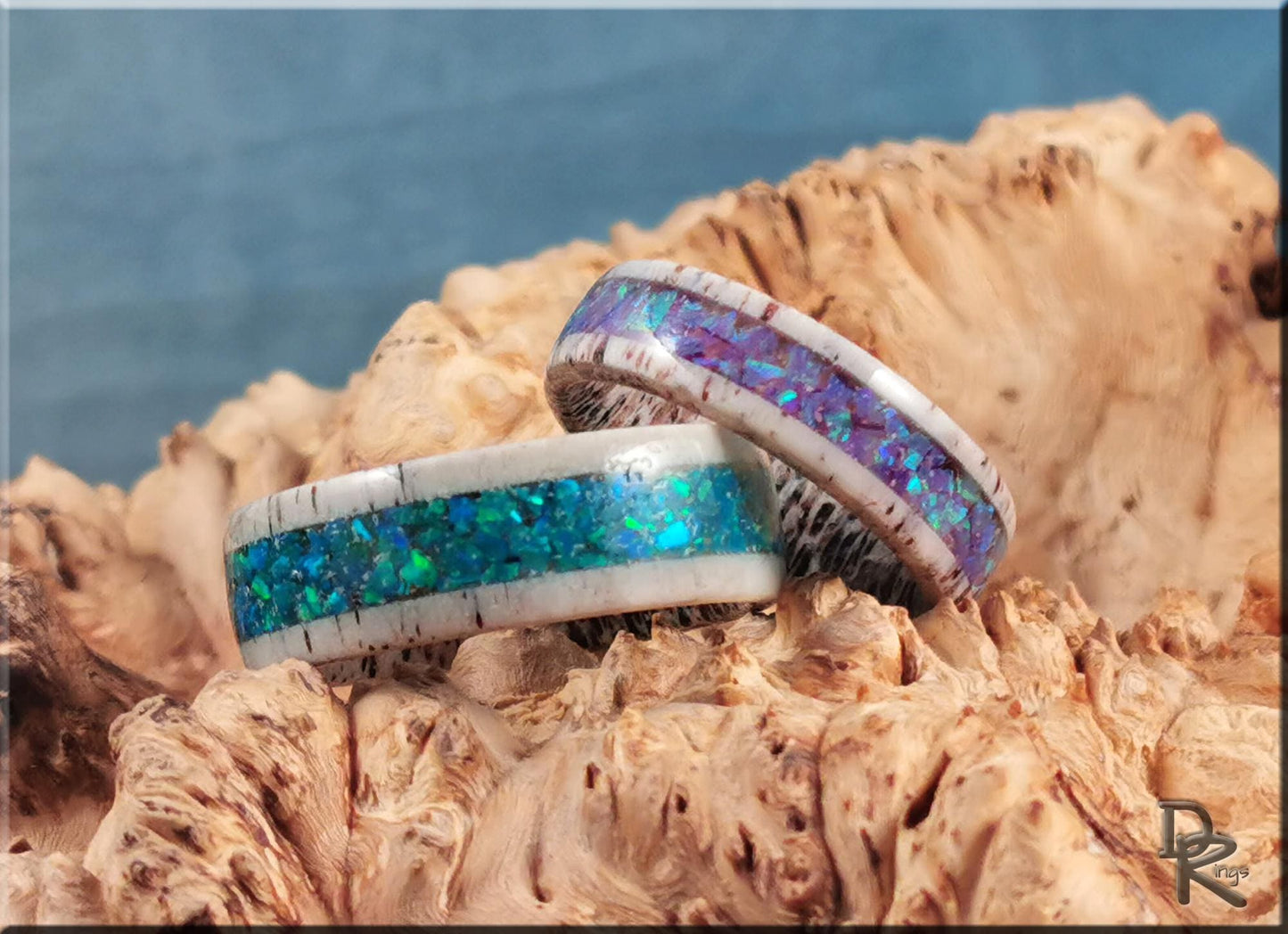 Deer Antler Ring Set w/Opal inlays - antler rings