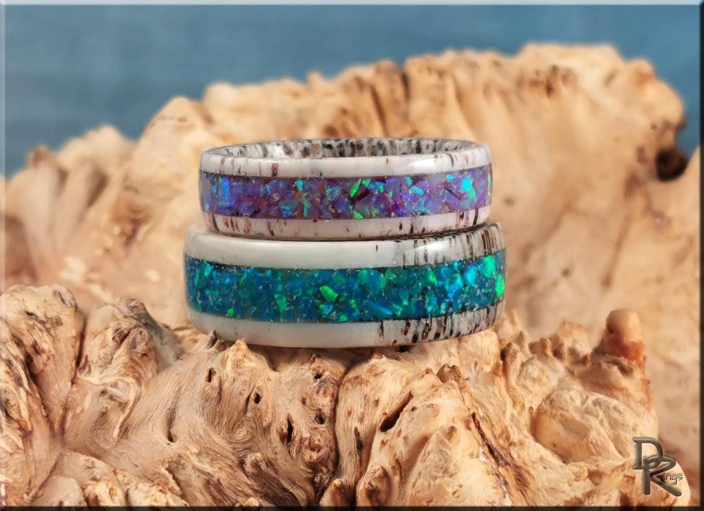 Deer Antler Ring Set w/Opal inlays - antler rings