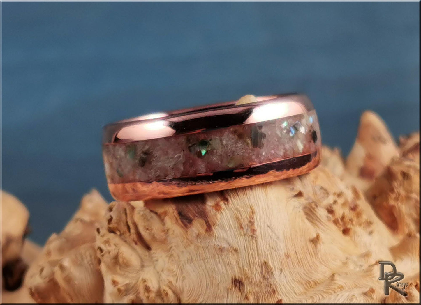 Tellurium 8mm Channel Ring w/Blended Muscovite and Abalone Shell inlay - copper ring