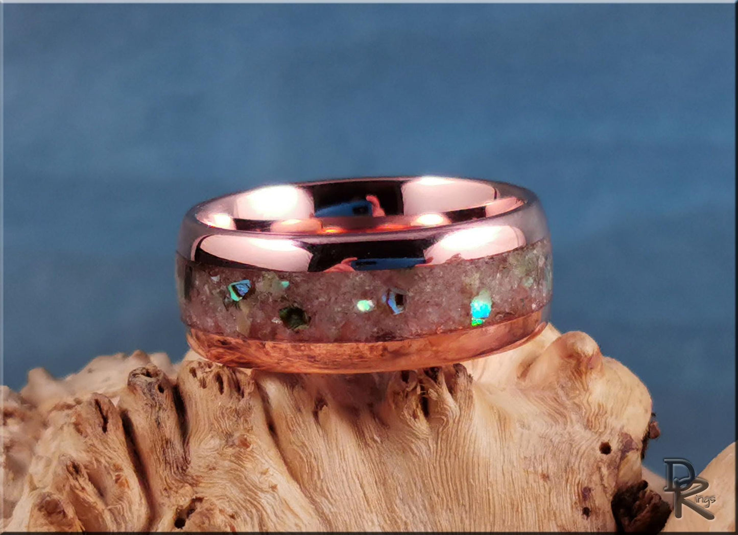 Tellurium 8mm Channel Ring w/Blended Muscovite and Abalone Shell inlay - copper ring