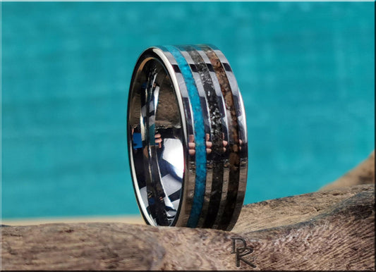 Tungsten Carbide 8mm Triple-Channel Ring with Meteorite, Bisbee Turquoise, and T-Rex bone inlays - metal ring