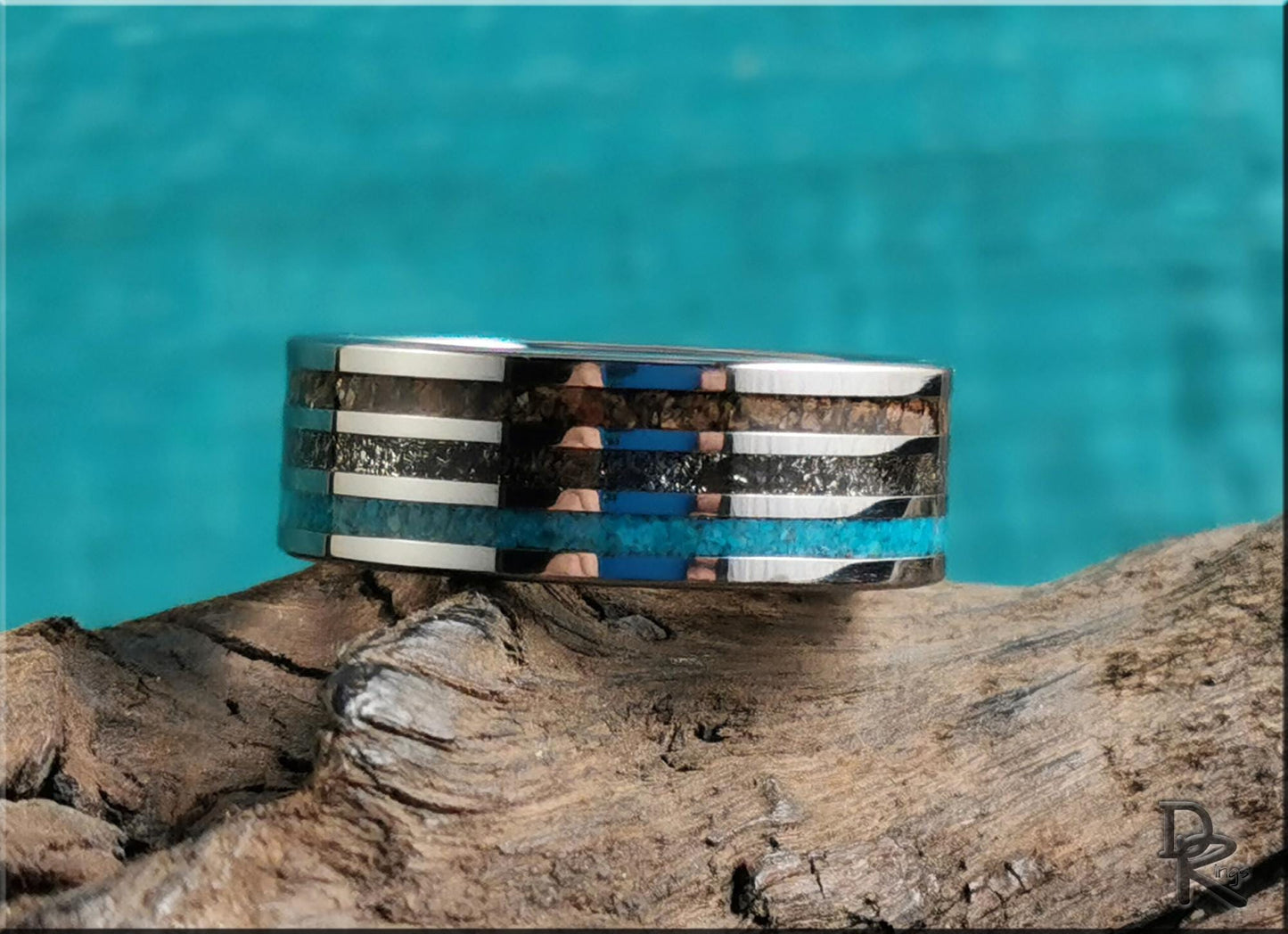 Tungsten Carbide 8mm Triple-Channel Ring with Meteorite, Bisbee Turquoise, and T-Rex bone inlays - metal ring