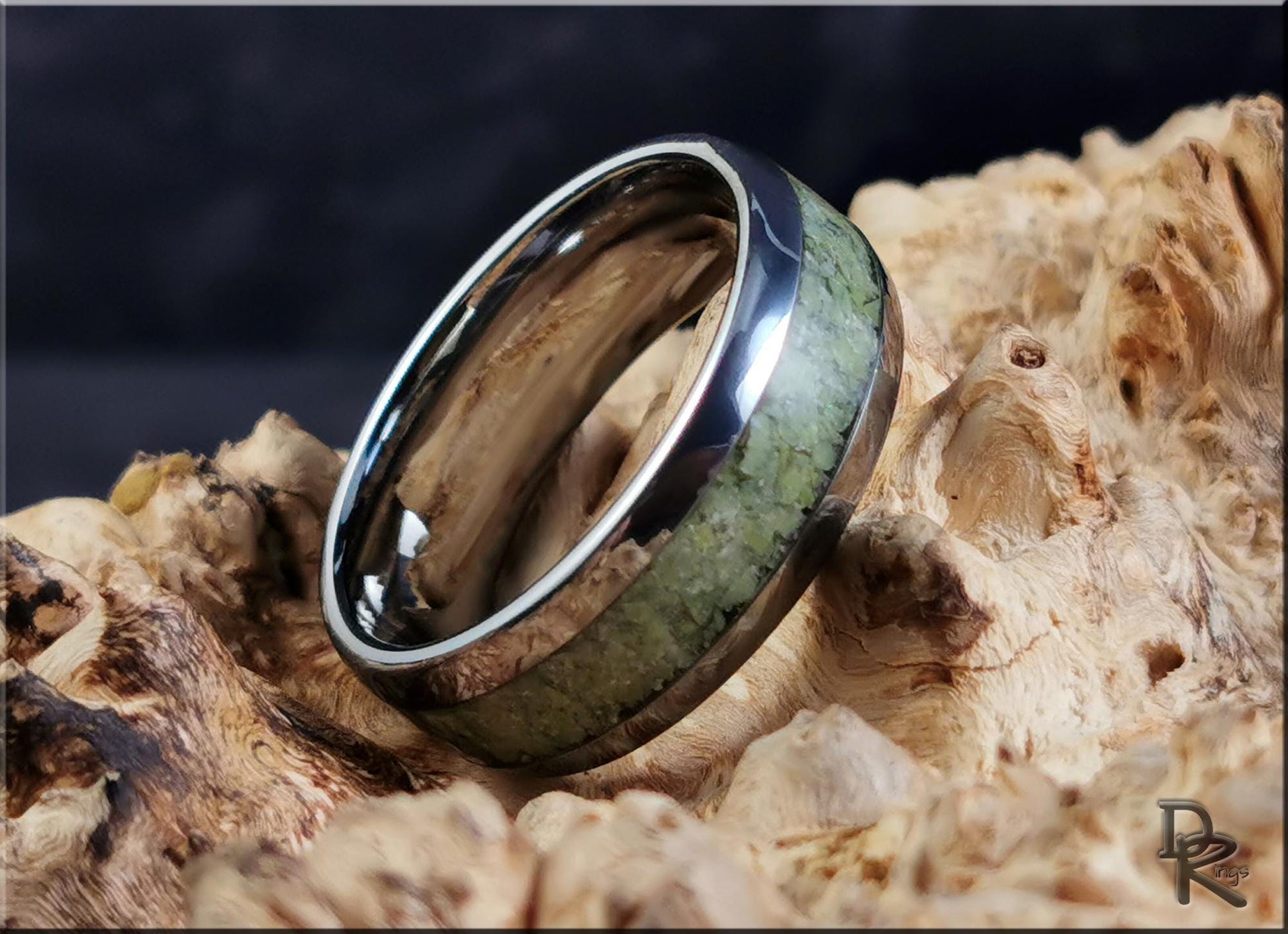 Tungsten Carbide Channel Ring w/Irish Connemara Marble inlay - metal ring