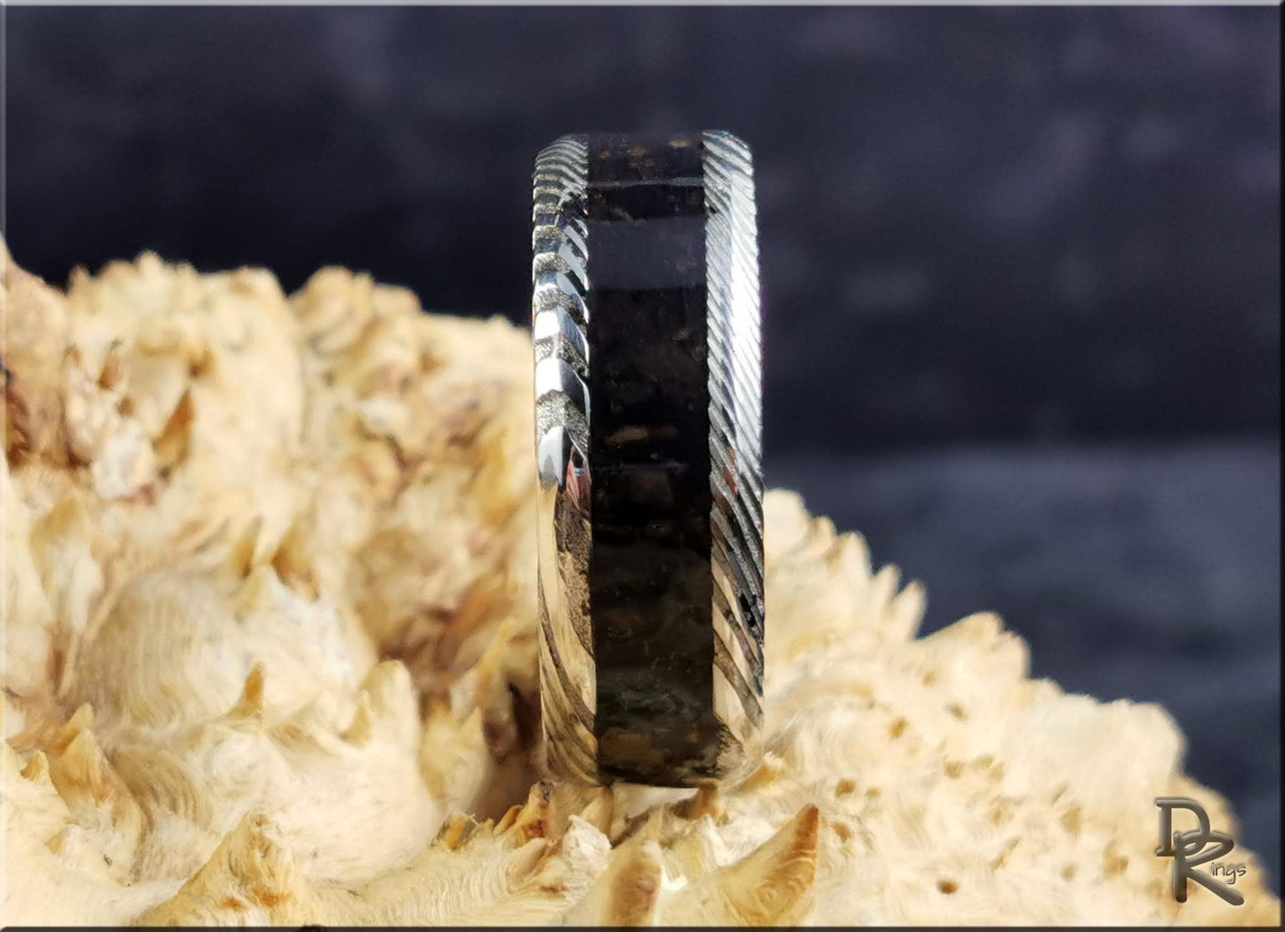 Damascus Steel Channel Ring w/Genuine KT Boundary inlay - metal ring