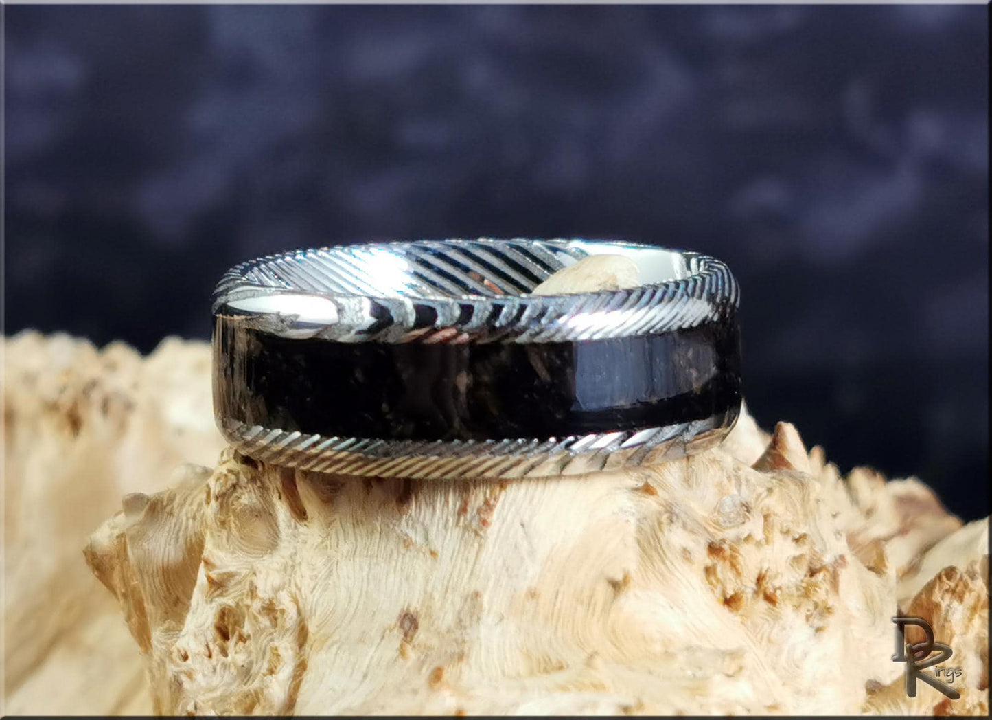 Damascus Steel Channel Ring w/Genuine KT Boundary inlay - metal ring