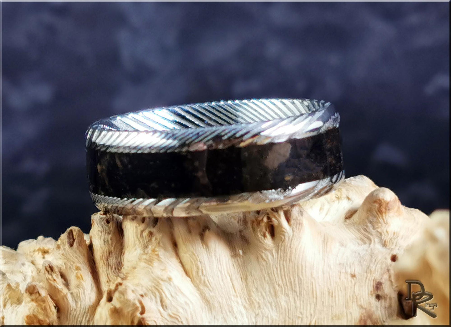 Damascus Steel Channel Ring w/Genuine KT Boundary inlay - metal ring