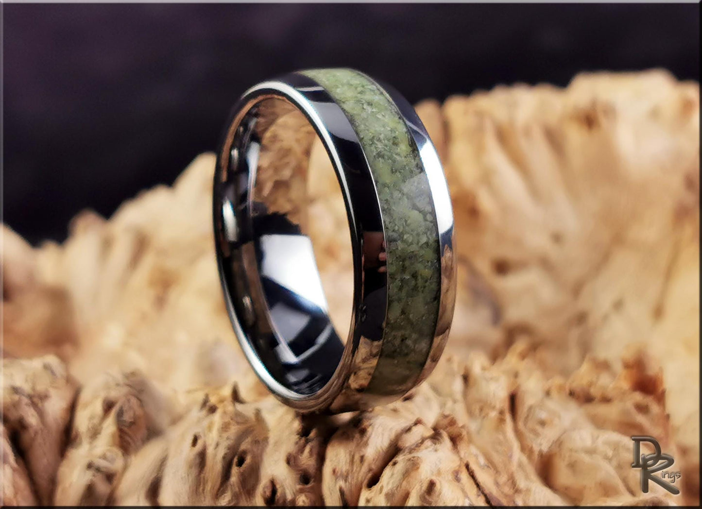 Tungsten Carbide Channel Ring w/Irish Connemara Marble inlay - metal ring