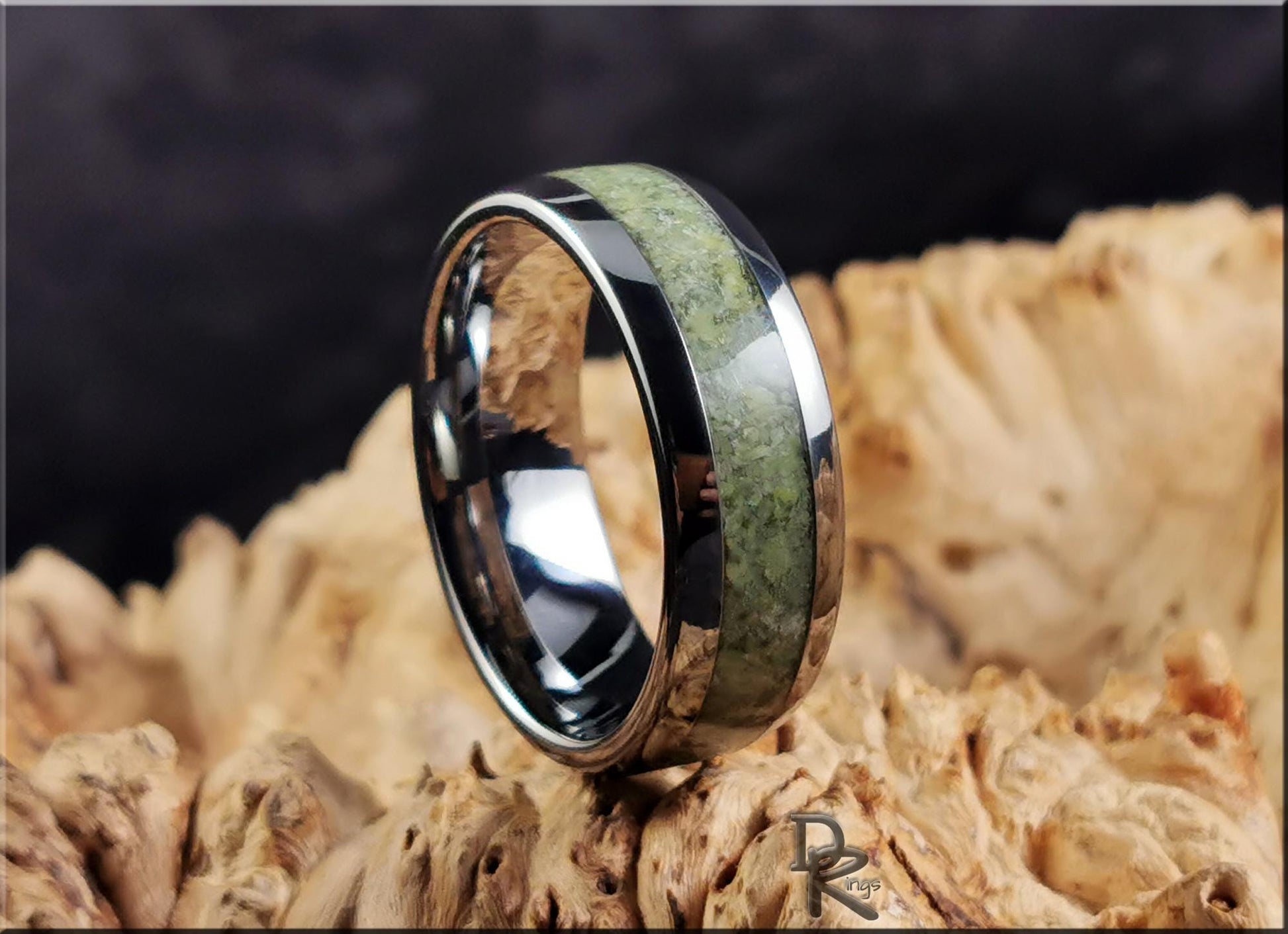 Tungsten Carbide Channel Ring w/Irish Connemara Marble inlay - metal ring