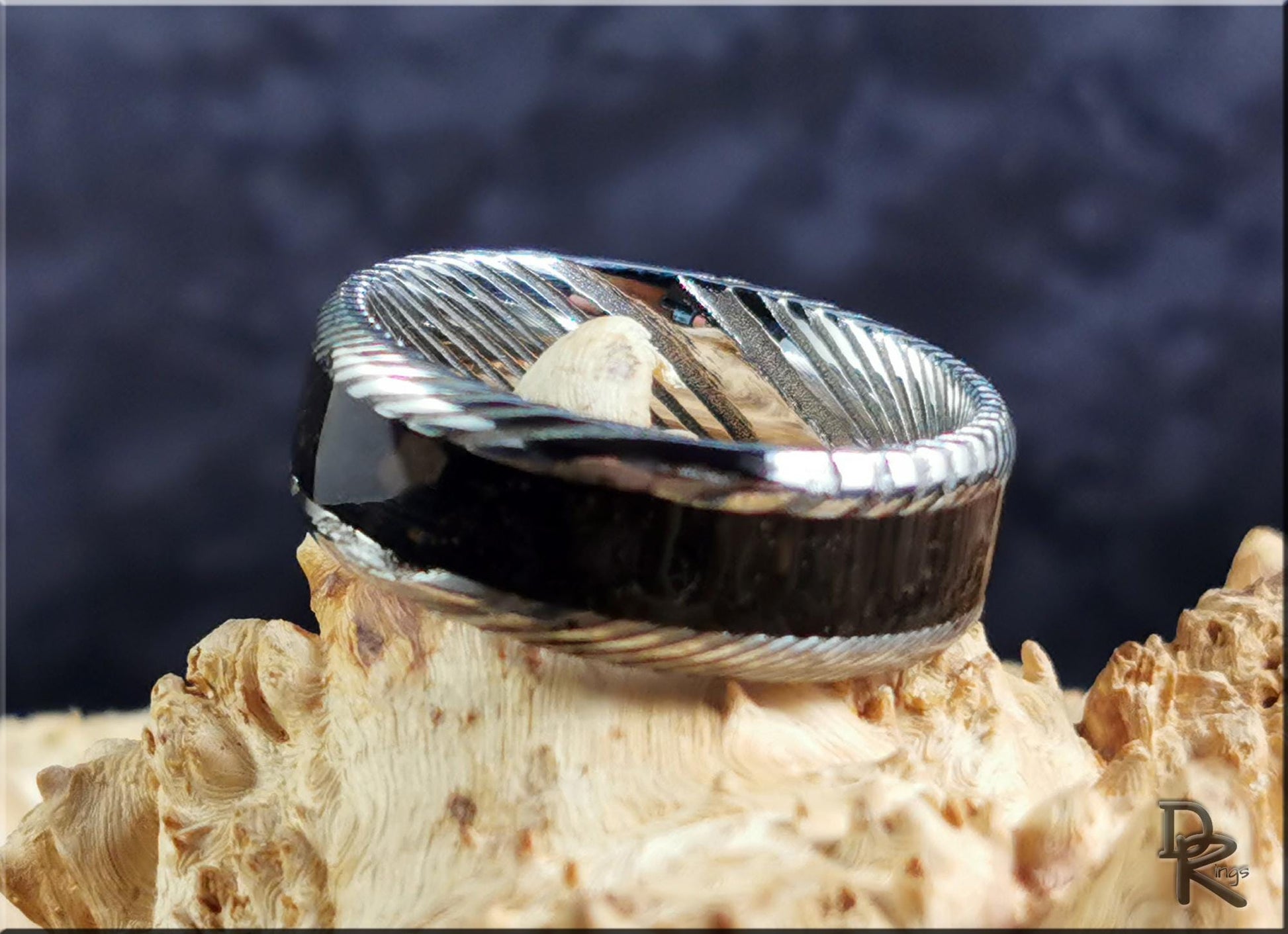 Damascus Steel Channel Ring w/Genuine KT Boundary inlay - metal ring