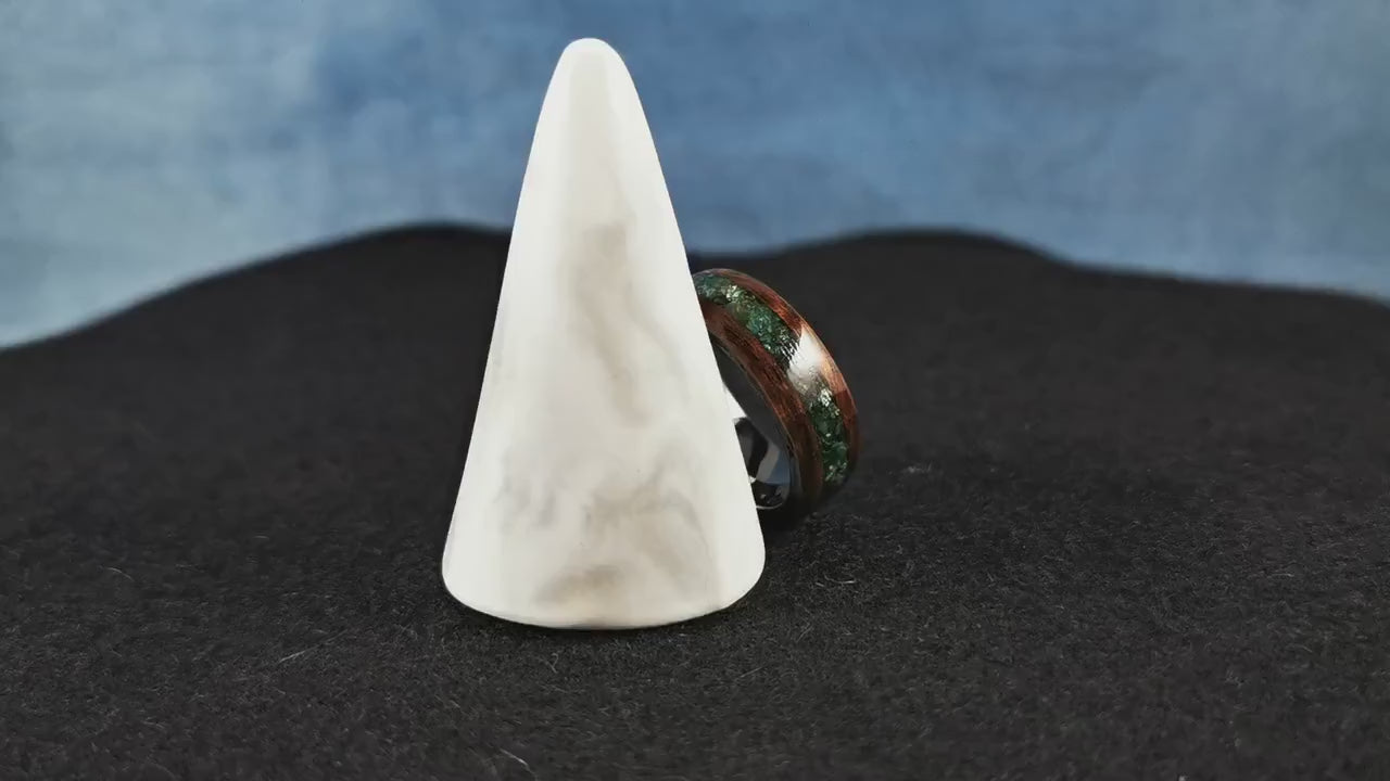 Bentwood Ring - Smoked Etimoe w/Green Mica inlay, on polished Black Ceramic ring core - Wood Ring