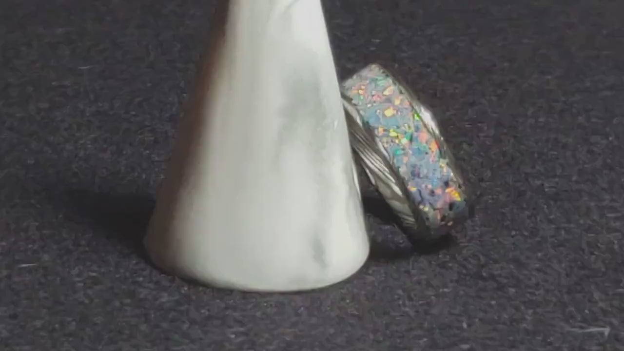 Blackened Damascus Steel Channel Ring w/Opal inlay - metal ring