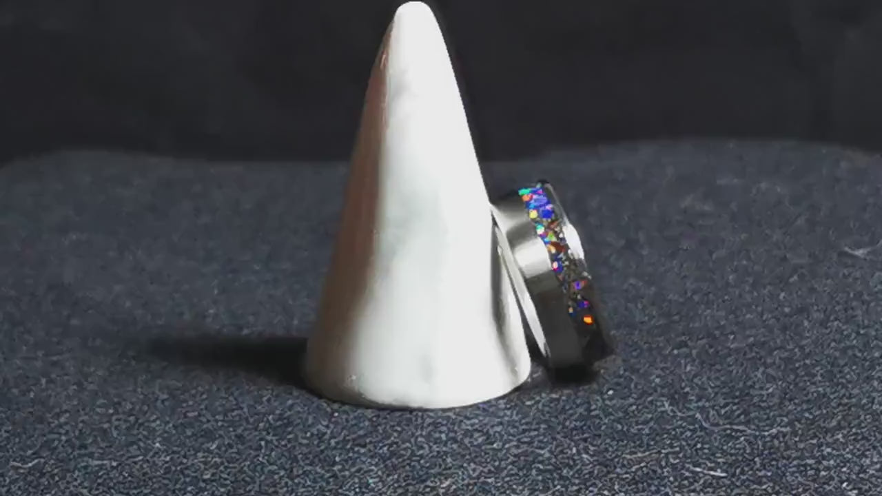 Titanium Offset 8mm Channel Ring w/Meteorite and Opal inlay - metal ring