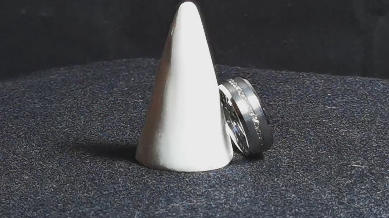 Thin Line Tungsten Carbide Channel Ring w/Meteorite and White Brass inlay - metal ring