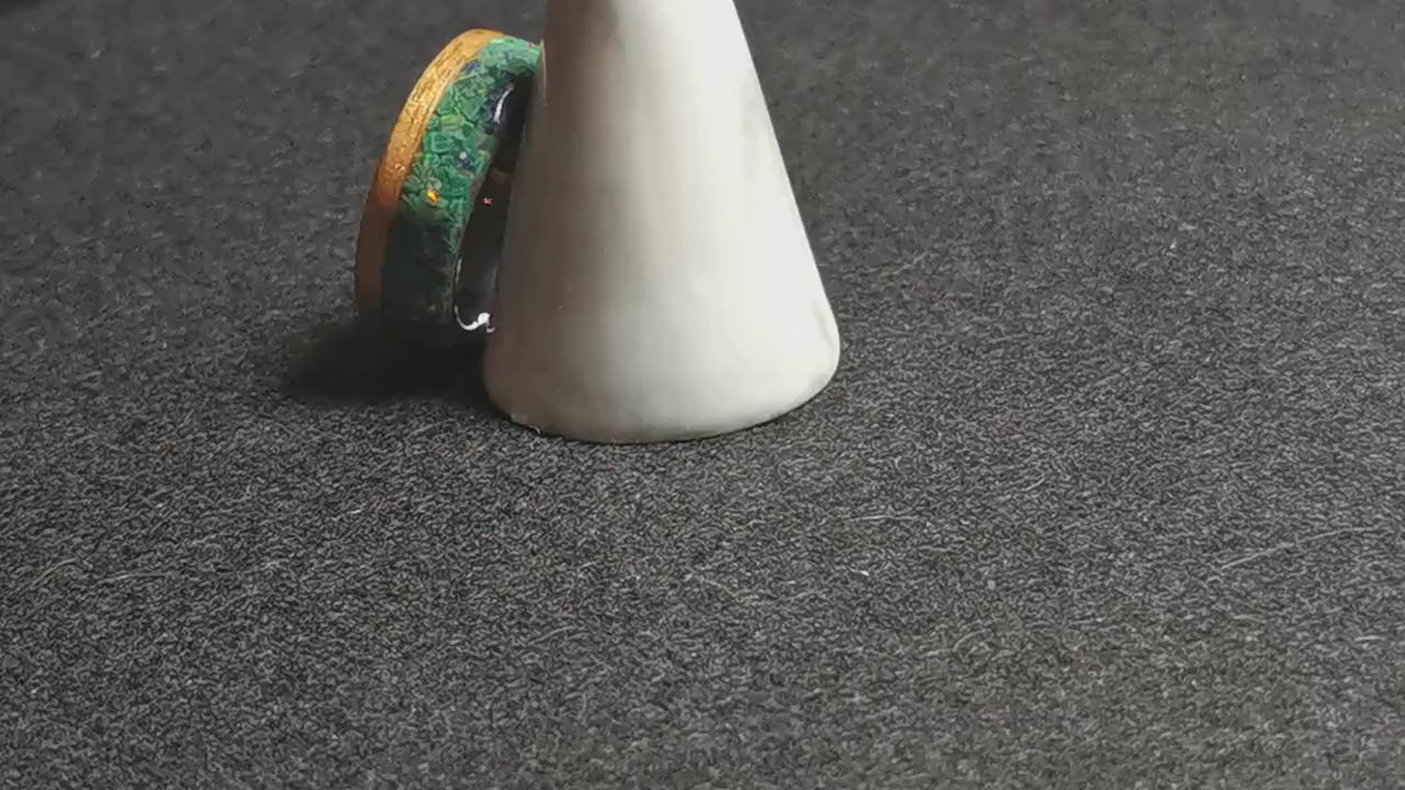 Bentwood Ring - Okoume w/Live Edge Stone and Opal blend inlay, on Polished Black Ceramic inner core - wood ring