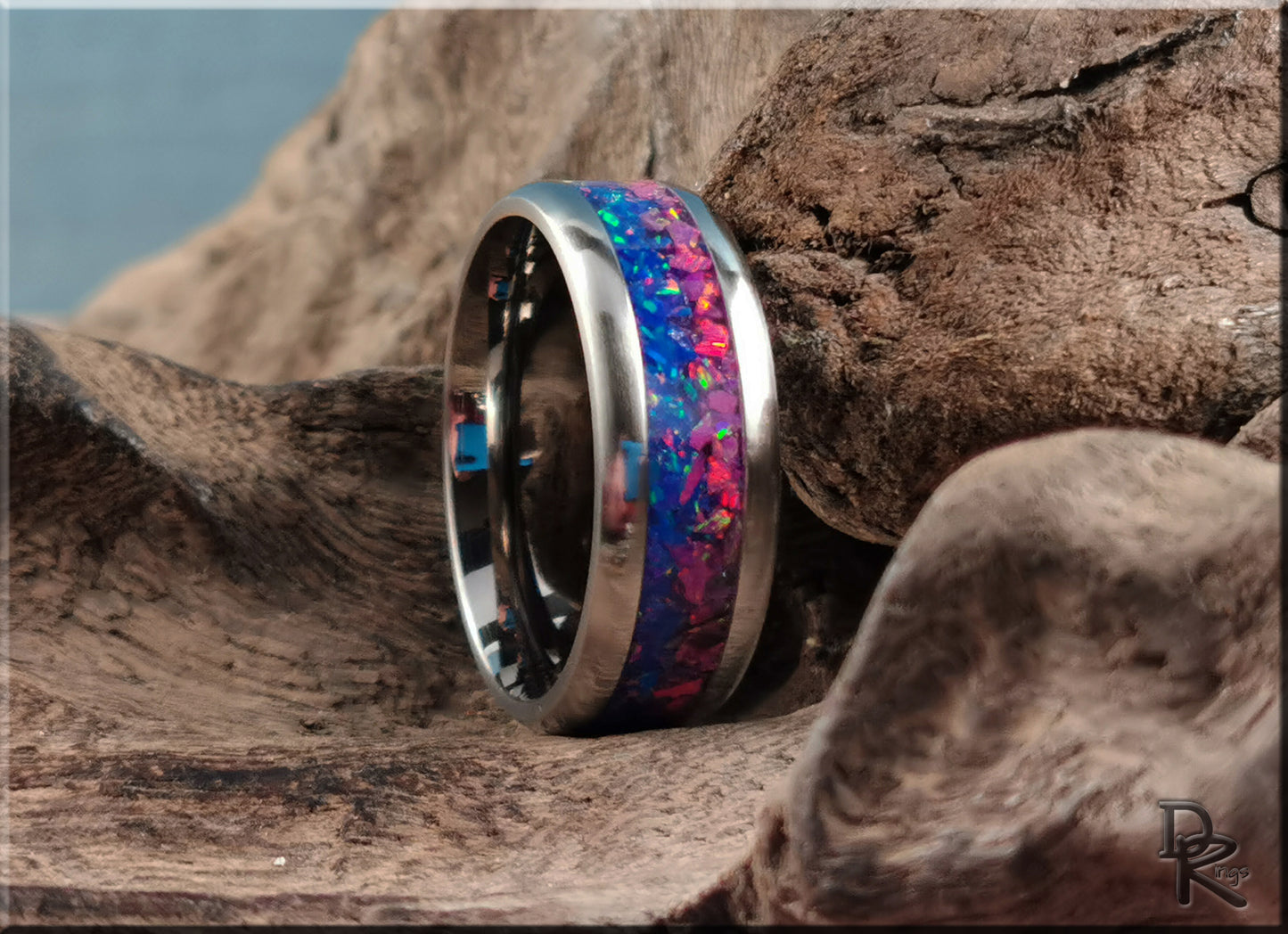 Titanium 'Dusk Skies' 8mm Channel Ring w/Blended Opal inlay - metal ring