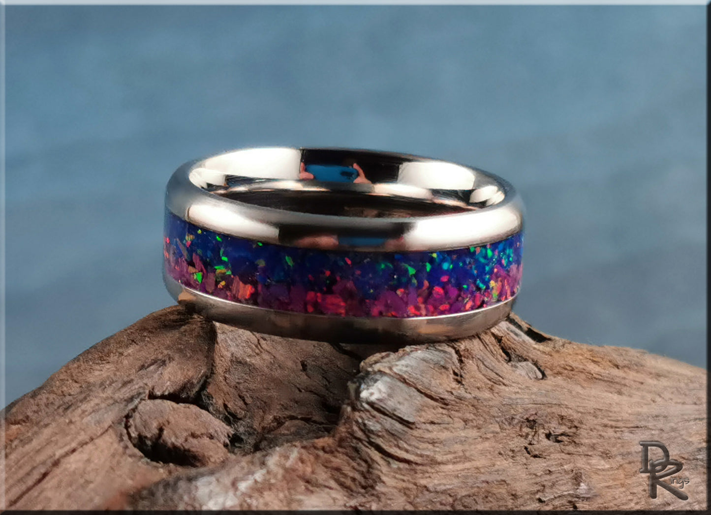 Titanium 'Dusk Skies' 8mm Channel Ring w/Blended Opal inlay - metal ring