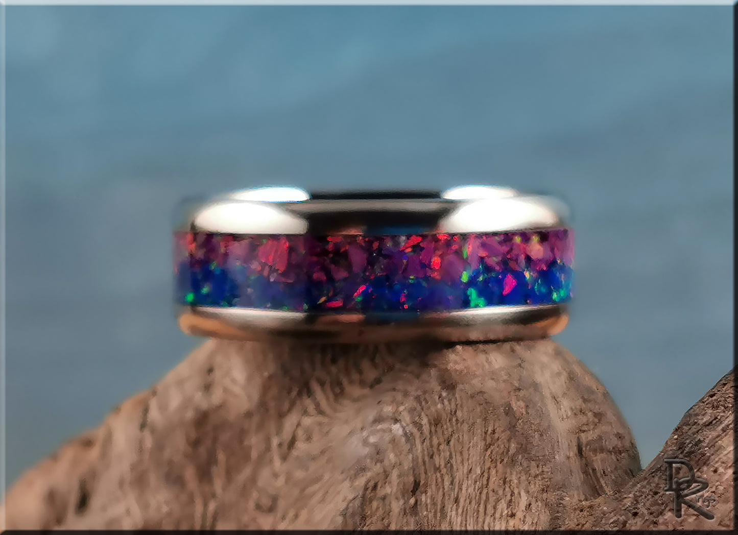 Titanium 'Dusk Skies' 8mm Channel Ring w/Blended Opal inlay - metal ring