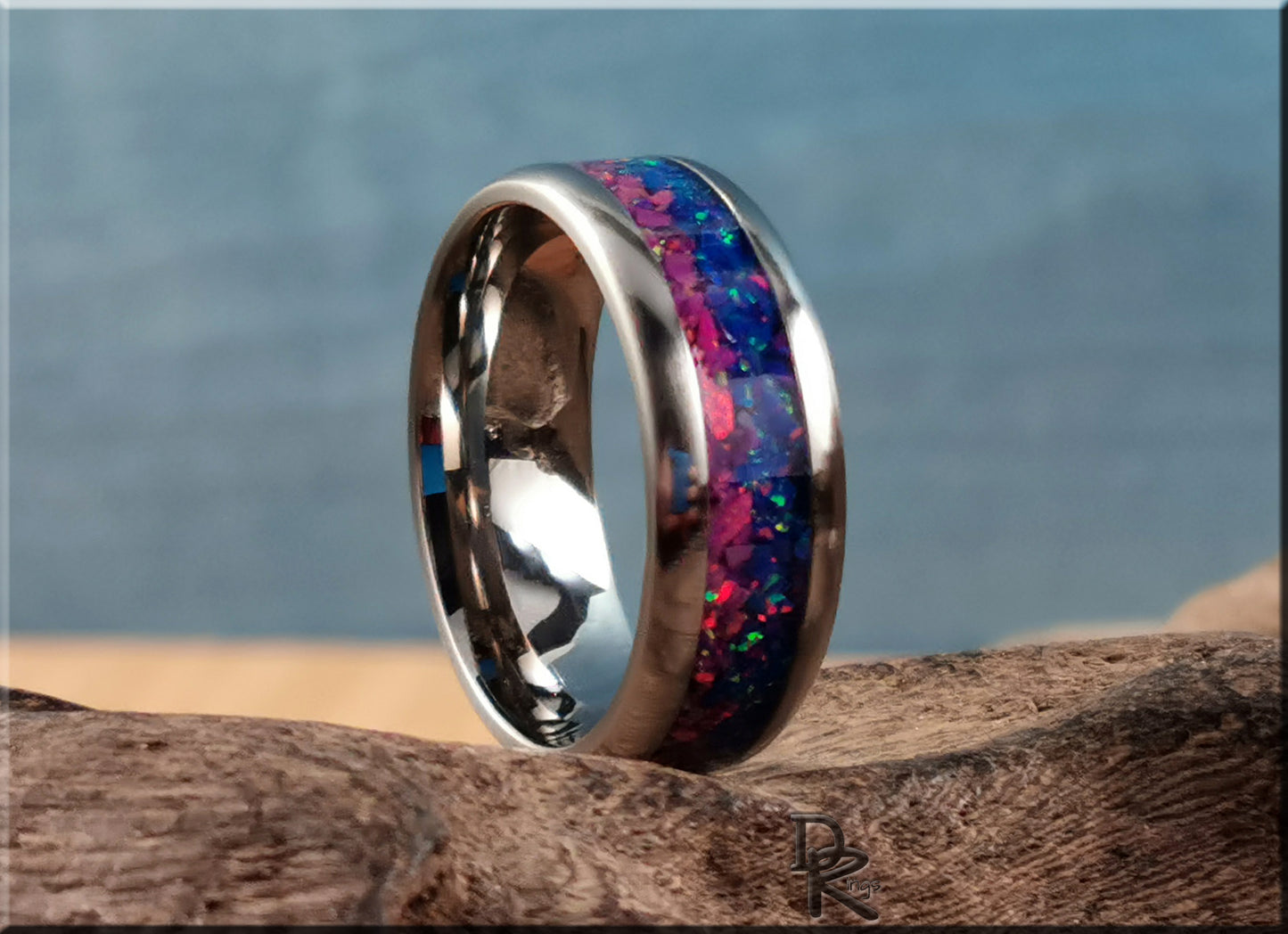 Titanium 'Dusk Skies' 8mm Channel Ring w/Blended Opal inlay - metal ring