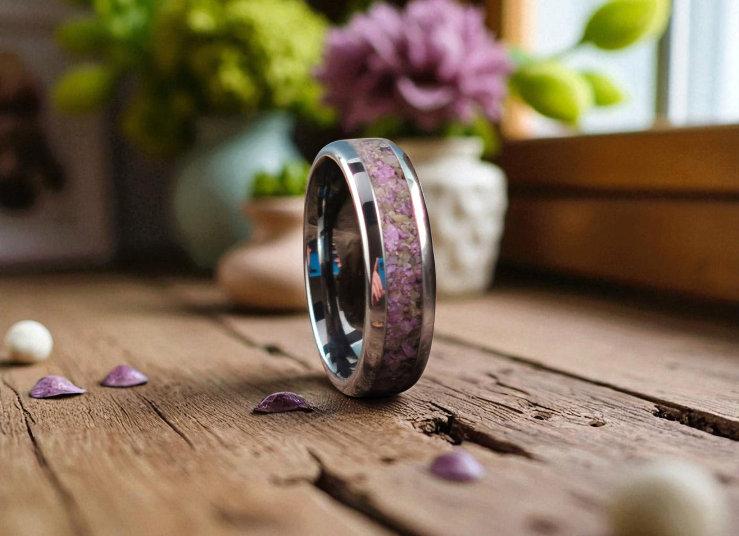 Domed Edge Tungsten Carbide Ring w/Atlantisite stone inlay - metal ring