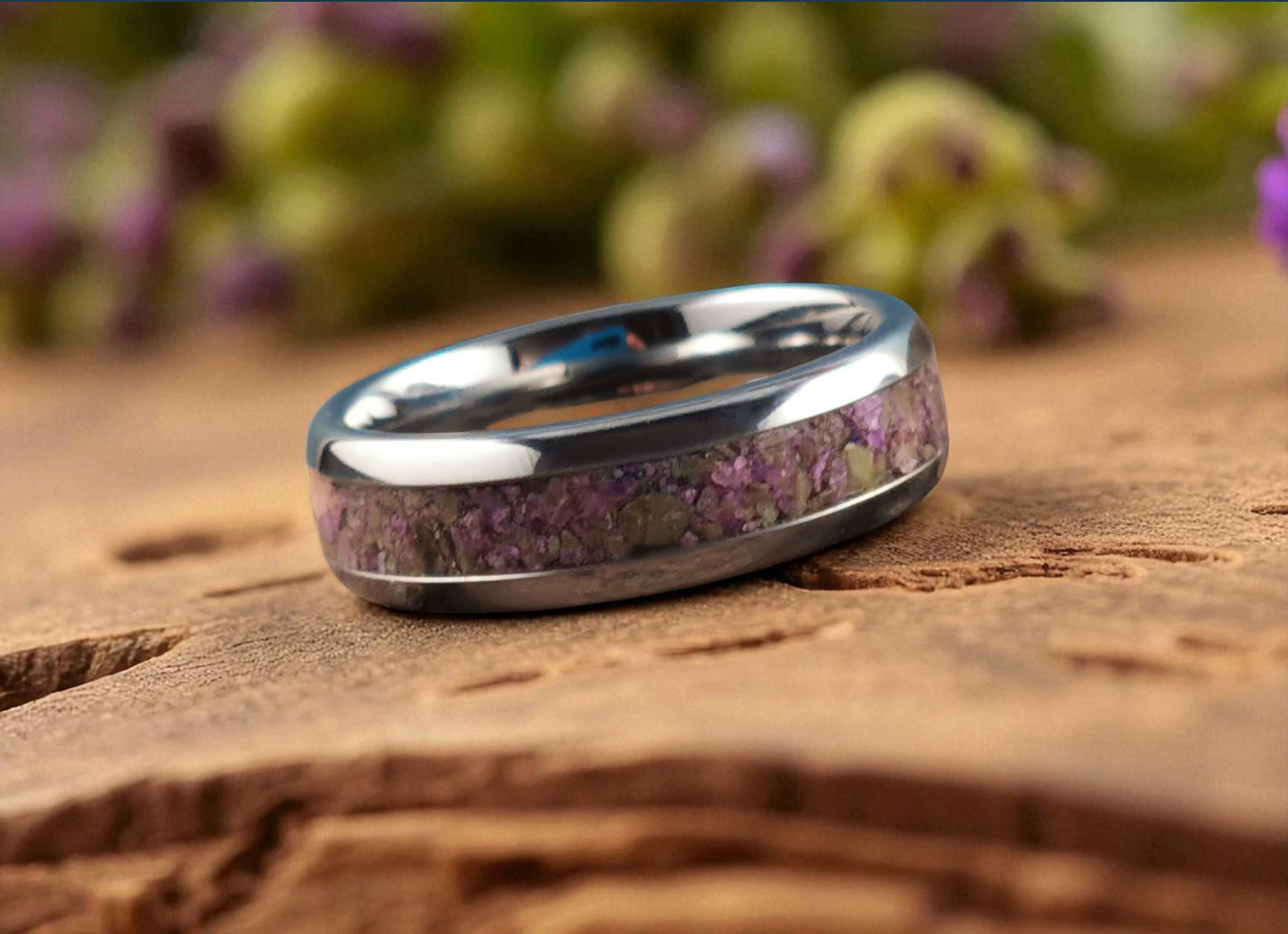 Domed Edge Tungsten Carbide Ring w/Atlantisite stone inlay - metal ring