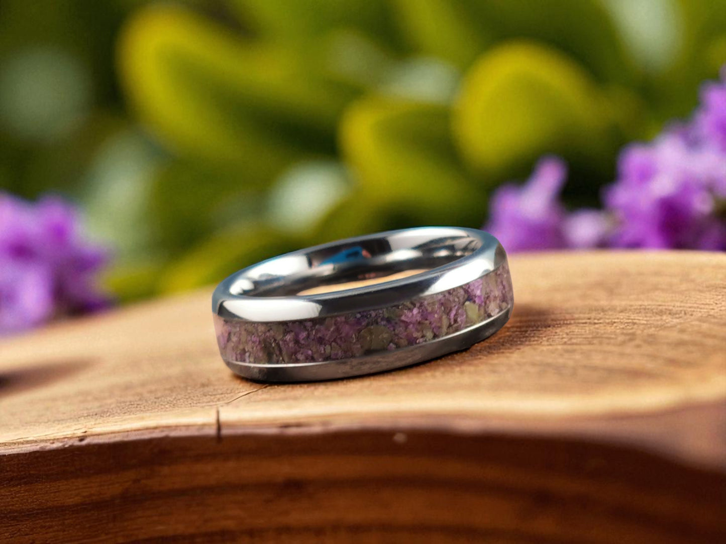 Domed Edge Tungsten Carbide Ring w/Atlantisite stone inlay - metal ring