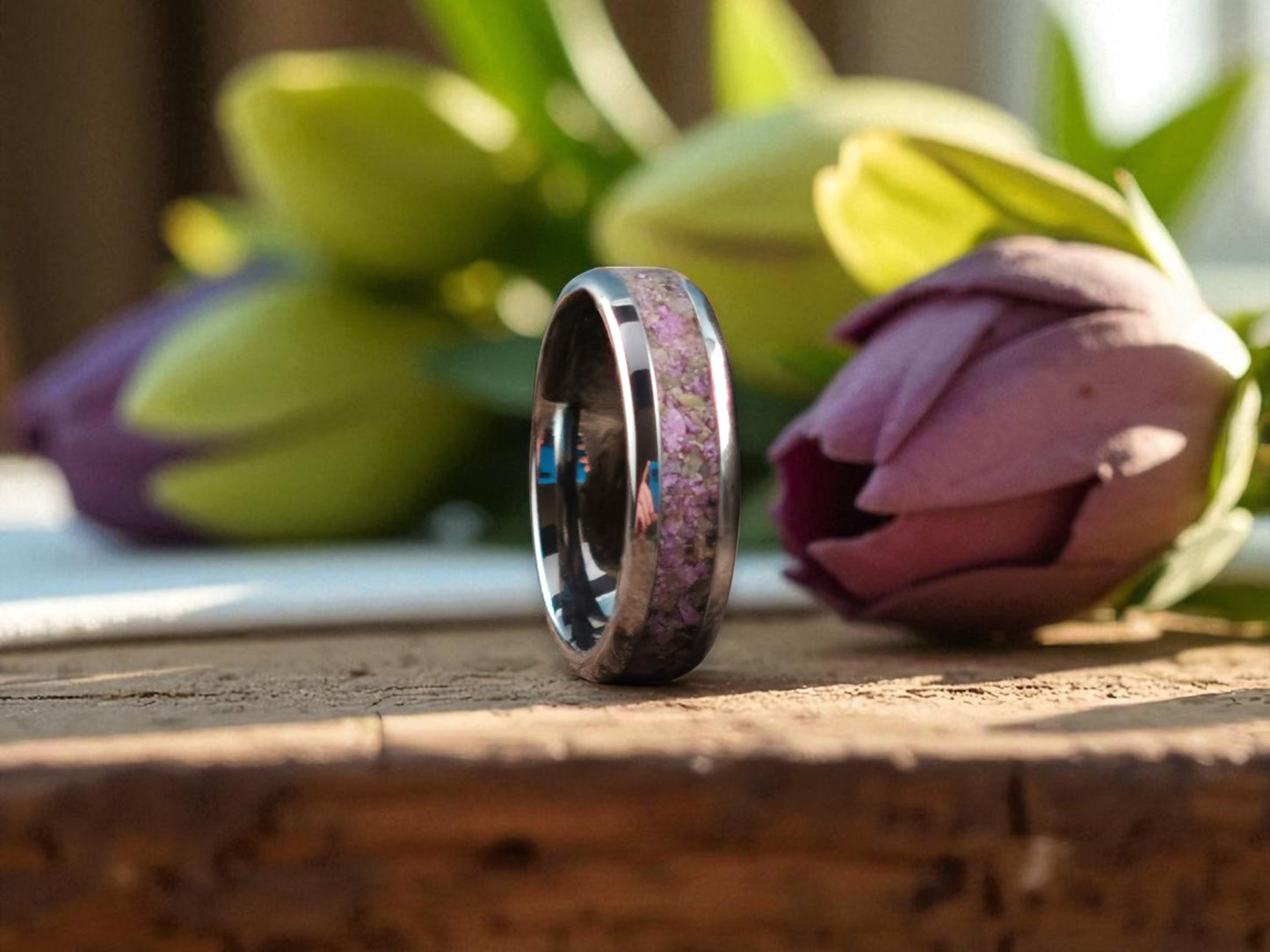 Domed Edge Tungsten Carbide Ring w/Atlantisite stone inlay - metal ring