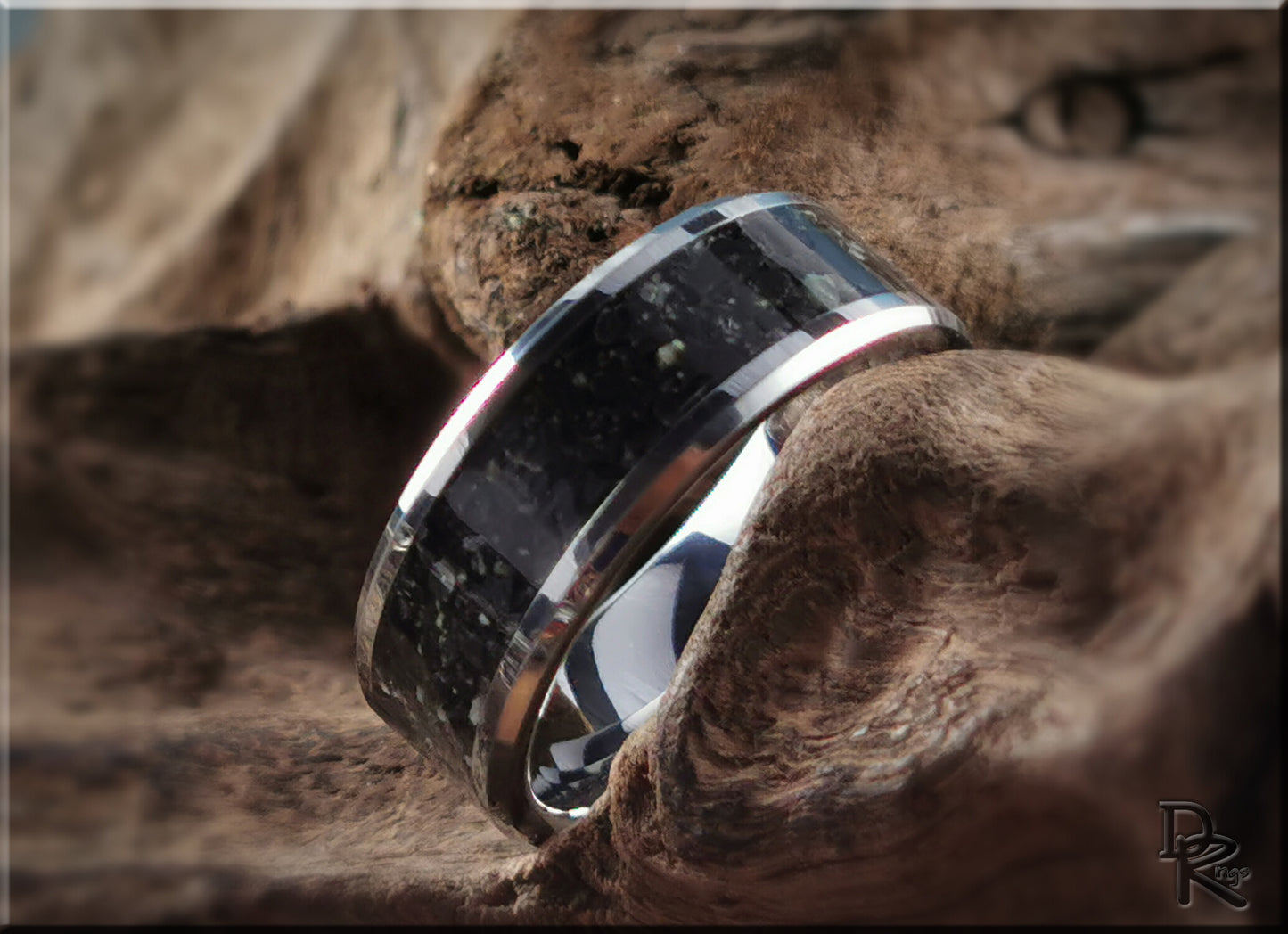 Tungsten Carbide Channel Ring w/Marquina Marble stone inlay - metal ring