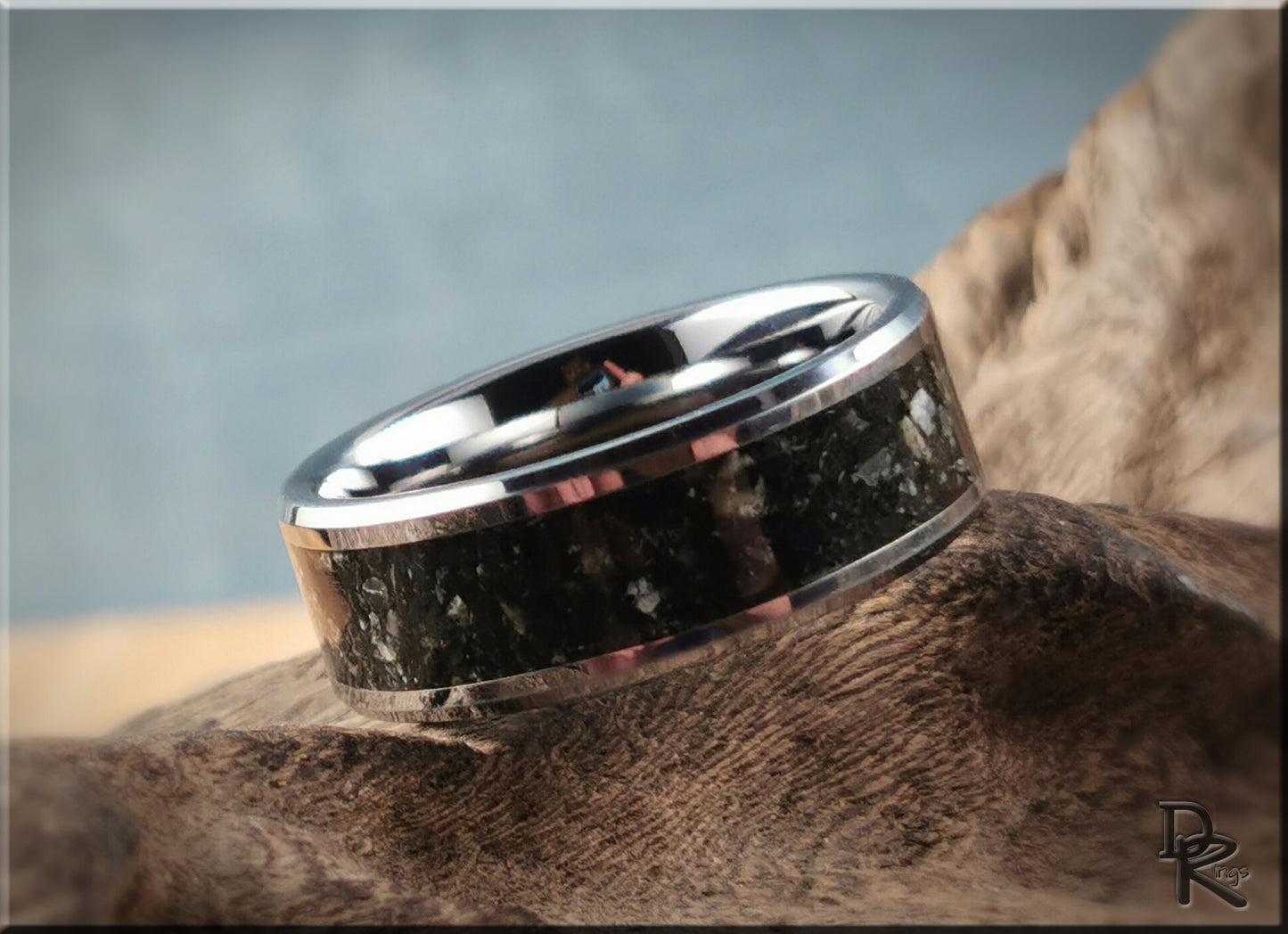 Tungsten Carbide Channel Ring w/Marquina Marble stone inlay - metal ring