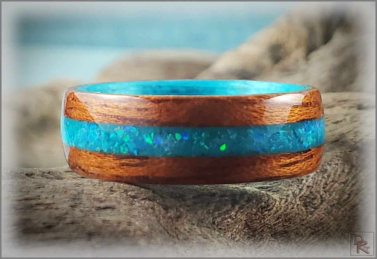 Dual Bentwood Ring - Honduran Mahogany w/Aqua Opal and Glow mix inlay, on bentwood Ocean Blue Koto ring core