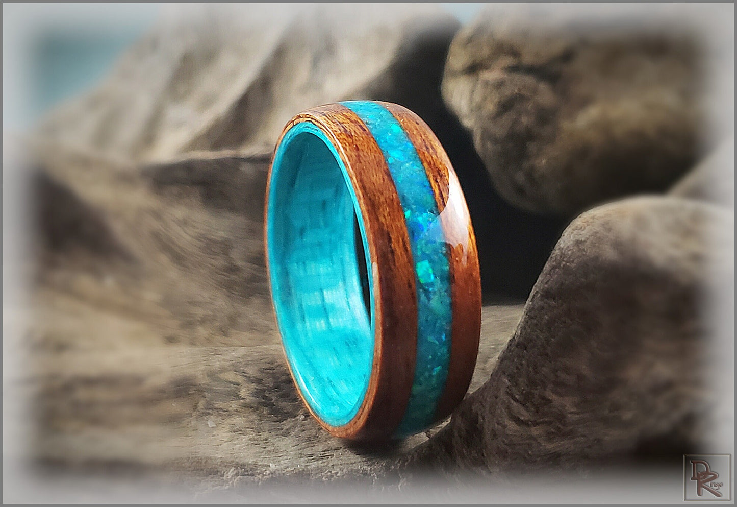 Dual Bentwood Ring - Honduran Mahogany w/Aqua Opal and Glow mix inlay, on bentwood Ocean Blue Koto ring core