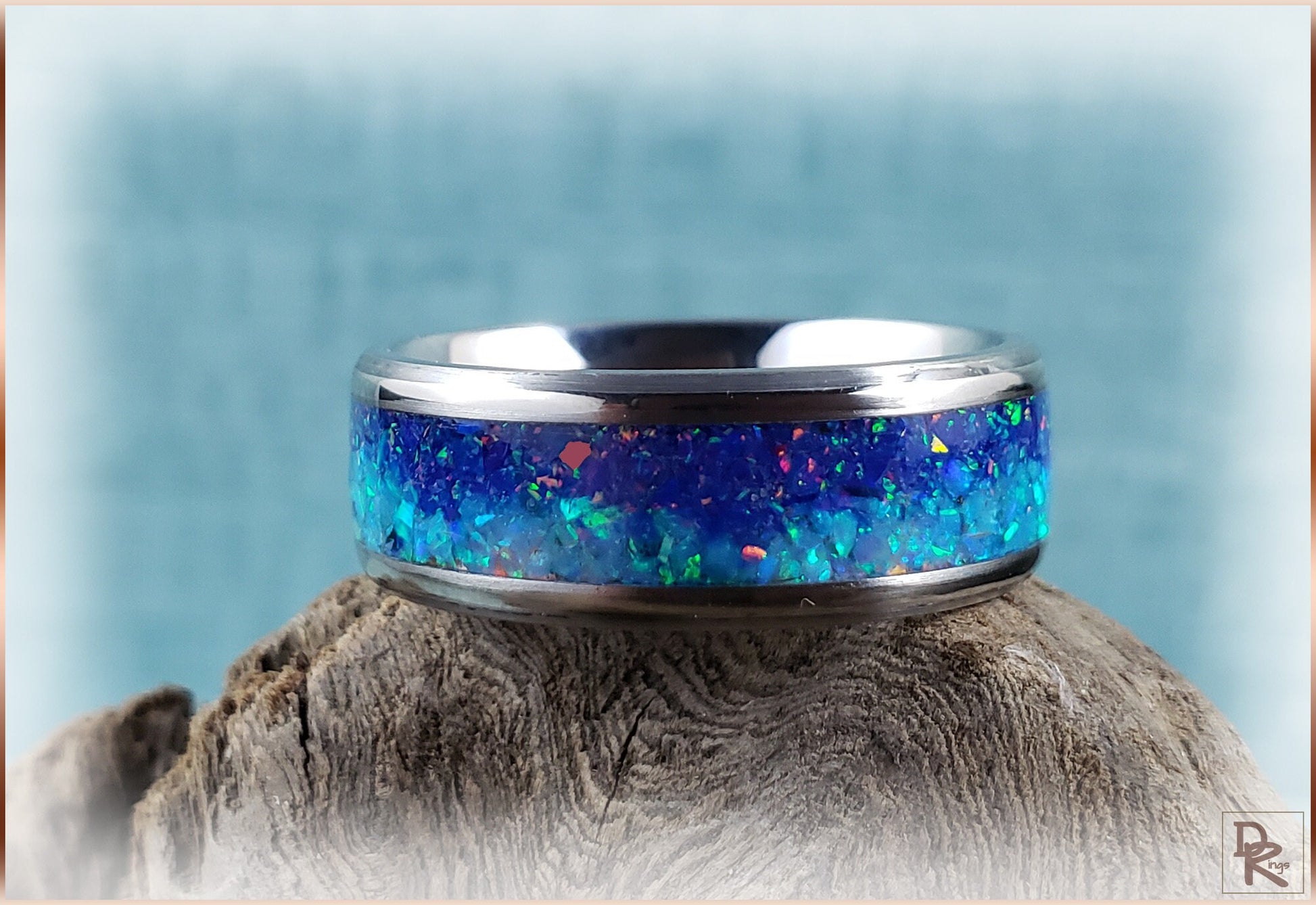 Titanium 'Twilight Embers' 8mm Channel Ring w/Blended Opal inlay - metal ring