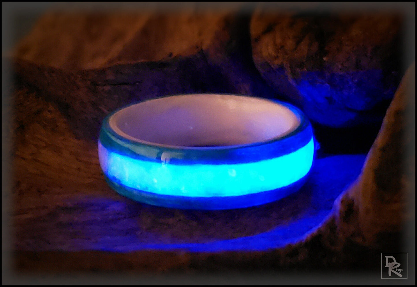 Dual Bentwood Ring - Ocean Blue Koto w/Opal Glow Mix inlay, on Bentwood Ice White Birdseye Maple ring core