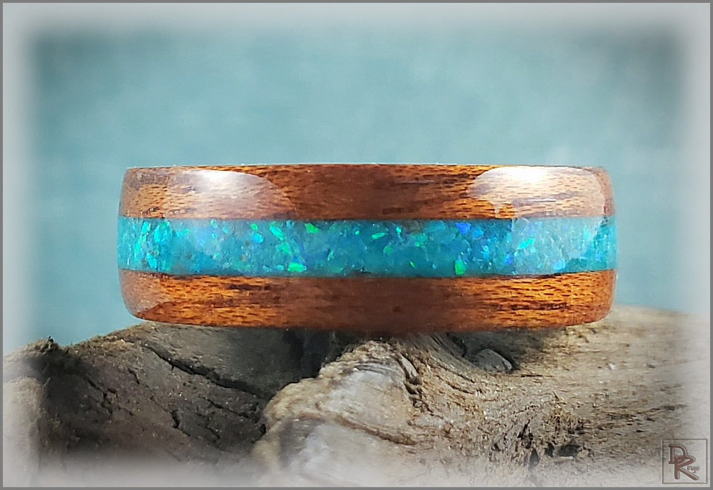 Dual Bentwood Ring - Honduran Mahogany w/Aqua Opal and Glow mix inlay, on bentwood Ocean Blue Koto ring core