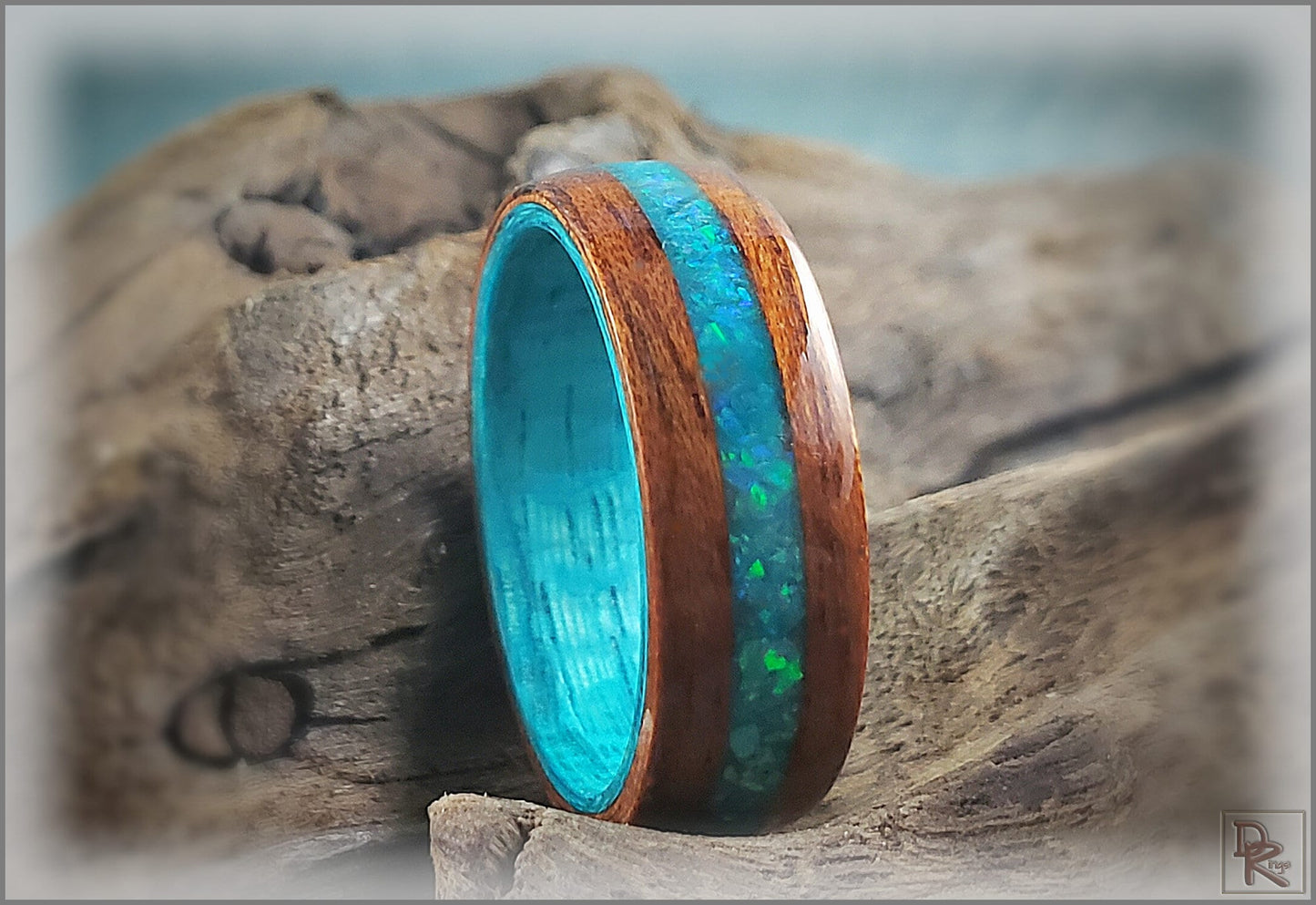 Dual Bentwood Ring - Honduran Mahogany w/Aqua Opal and Glow mix inlay, on bentwood Ocean Blue Koto ring core