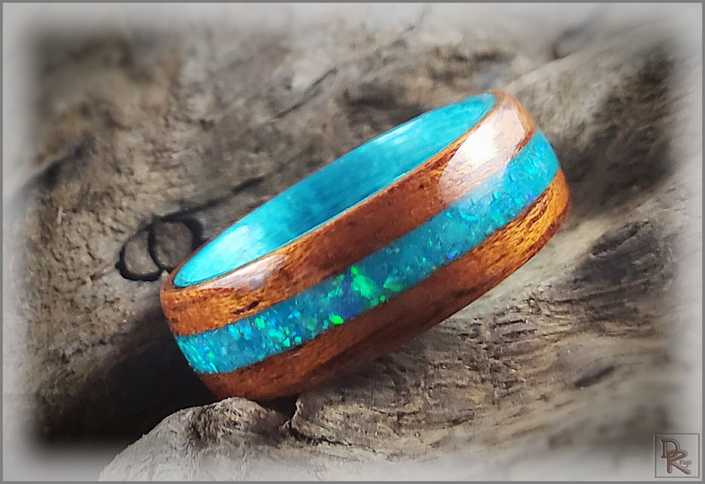 Dual Bentwood Ring - Honduran Mahogany w/Aqua Opal and Glow mix inlay, on bentwood Ocean Blue Koto ring core