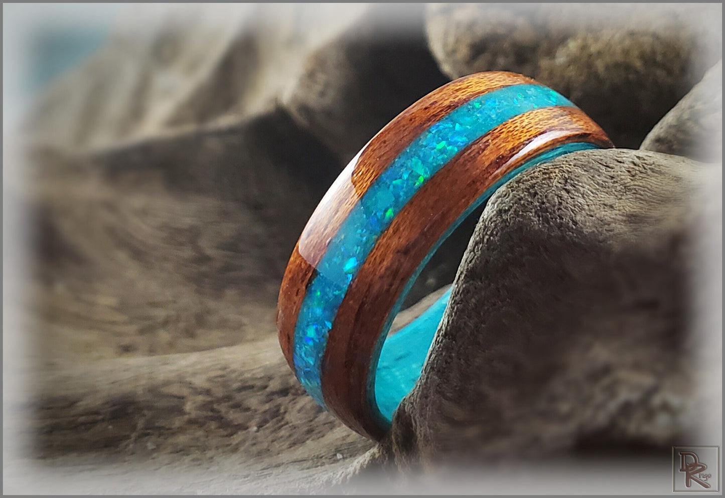 Dual Bentwood Ring - Honduran Mahogany w/Aqua Opal and Glow mix inlay, on bentwood Ocean Blue Koto ring core