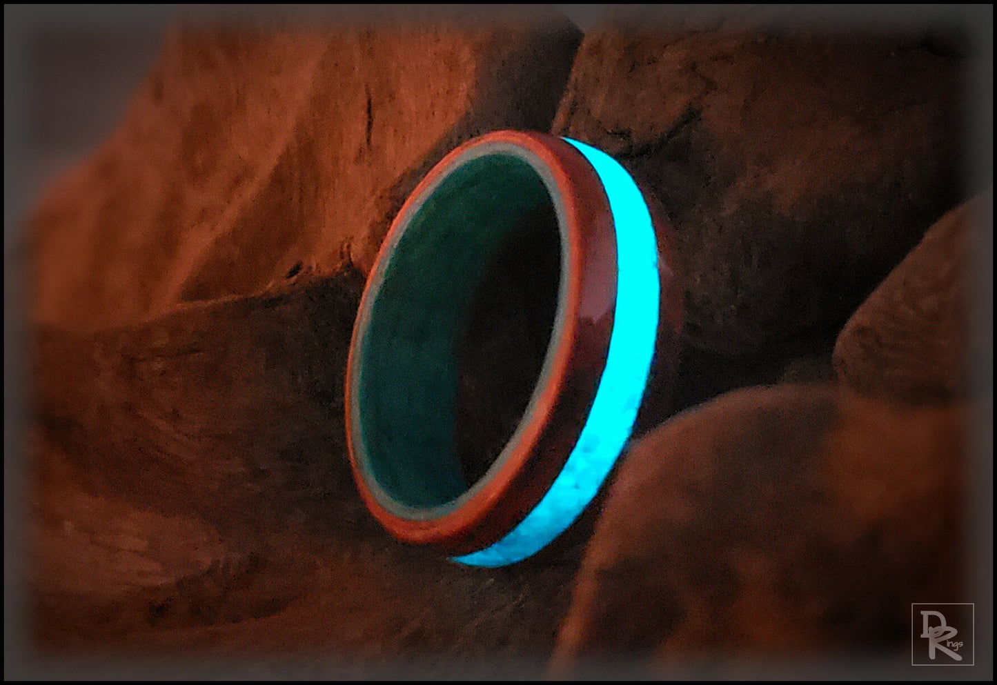 Dual Bentwood Ring - Honduran Mahogany w/Aqua Opal and Glow mix inlay, on bentwood Ocean Blue Koto ring core